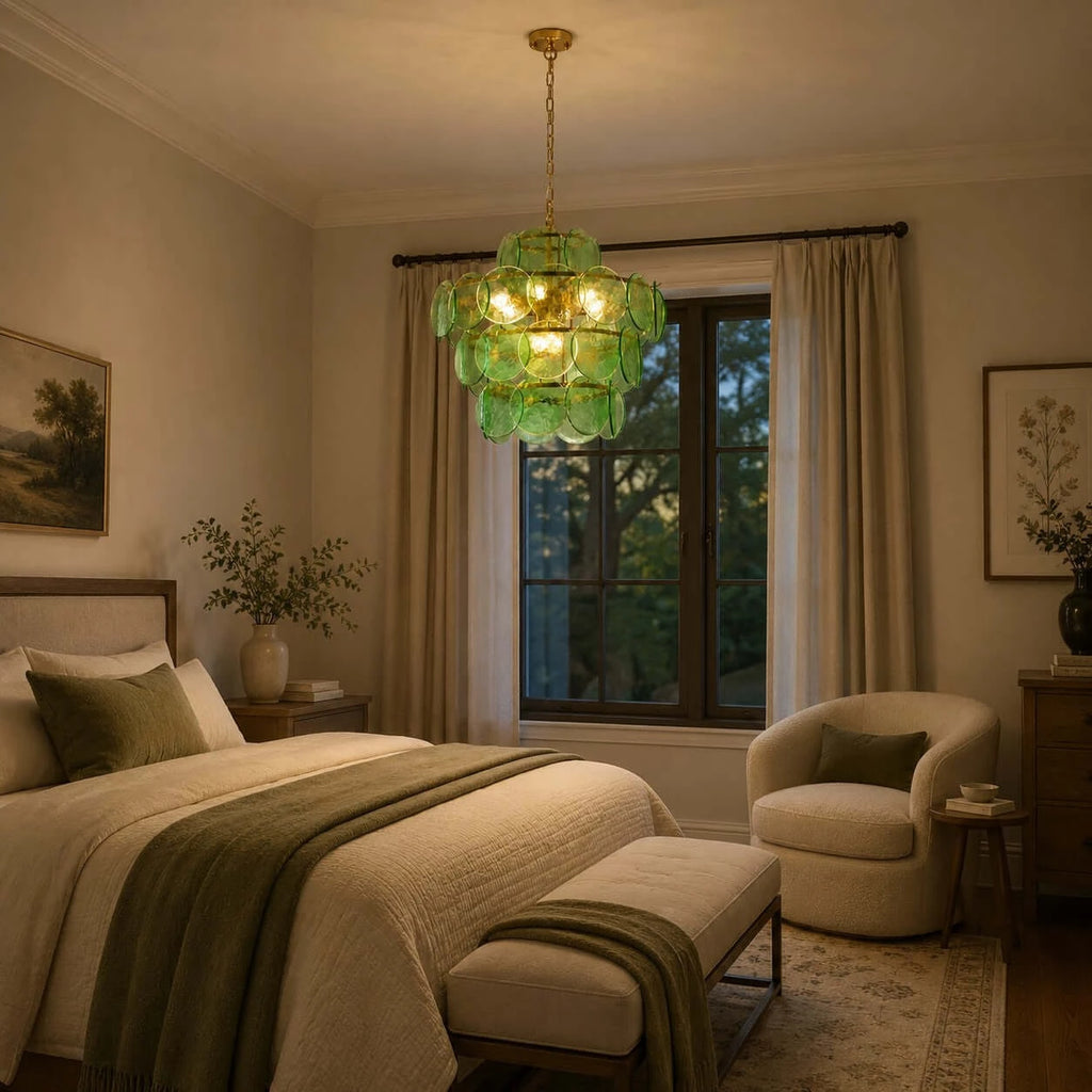 Modern Green Disc Art Glass Chandelier in Master Bedroom Setting