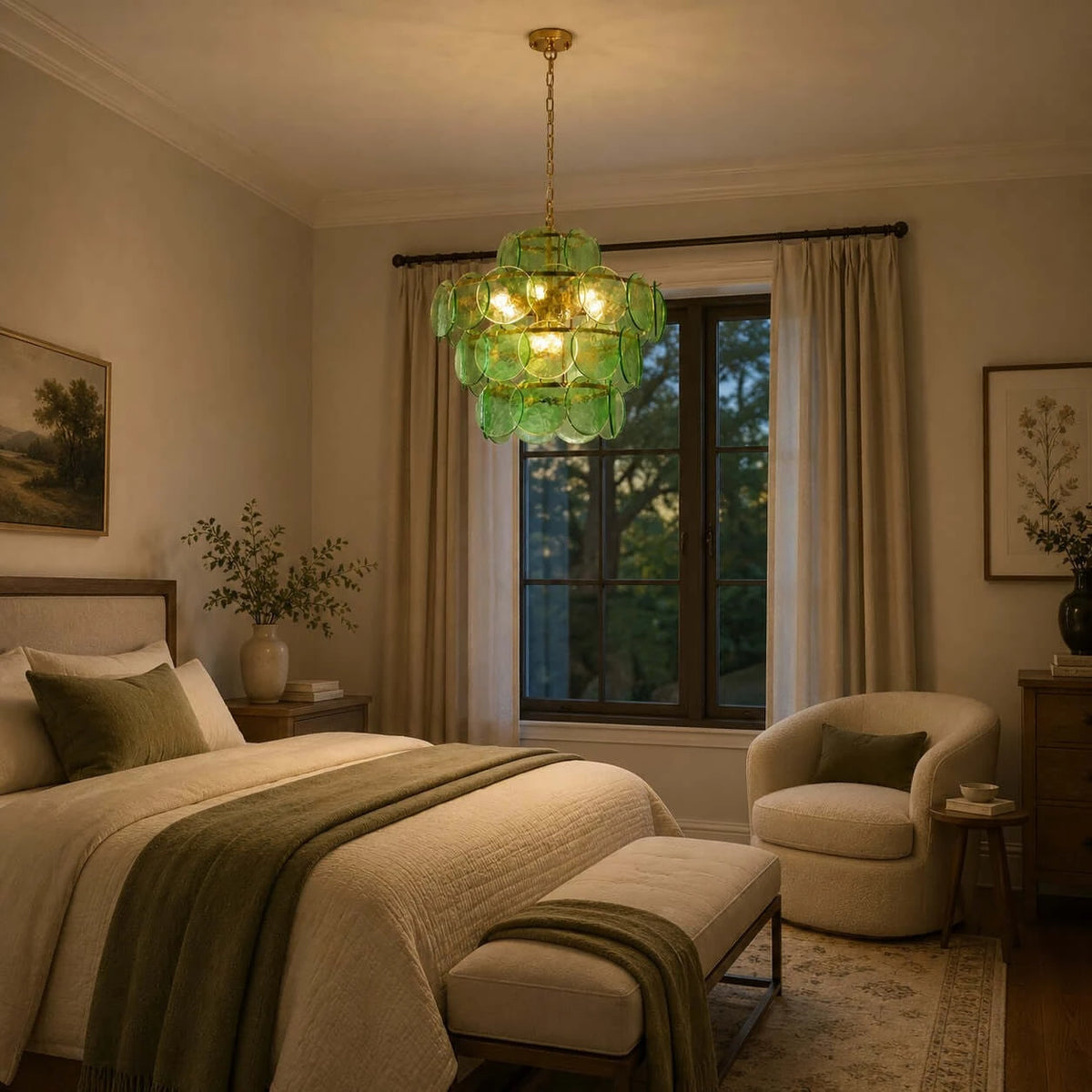 Modern Green Disc Art Glass Chandelier in Master Bedroom Setting