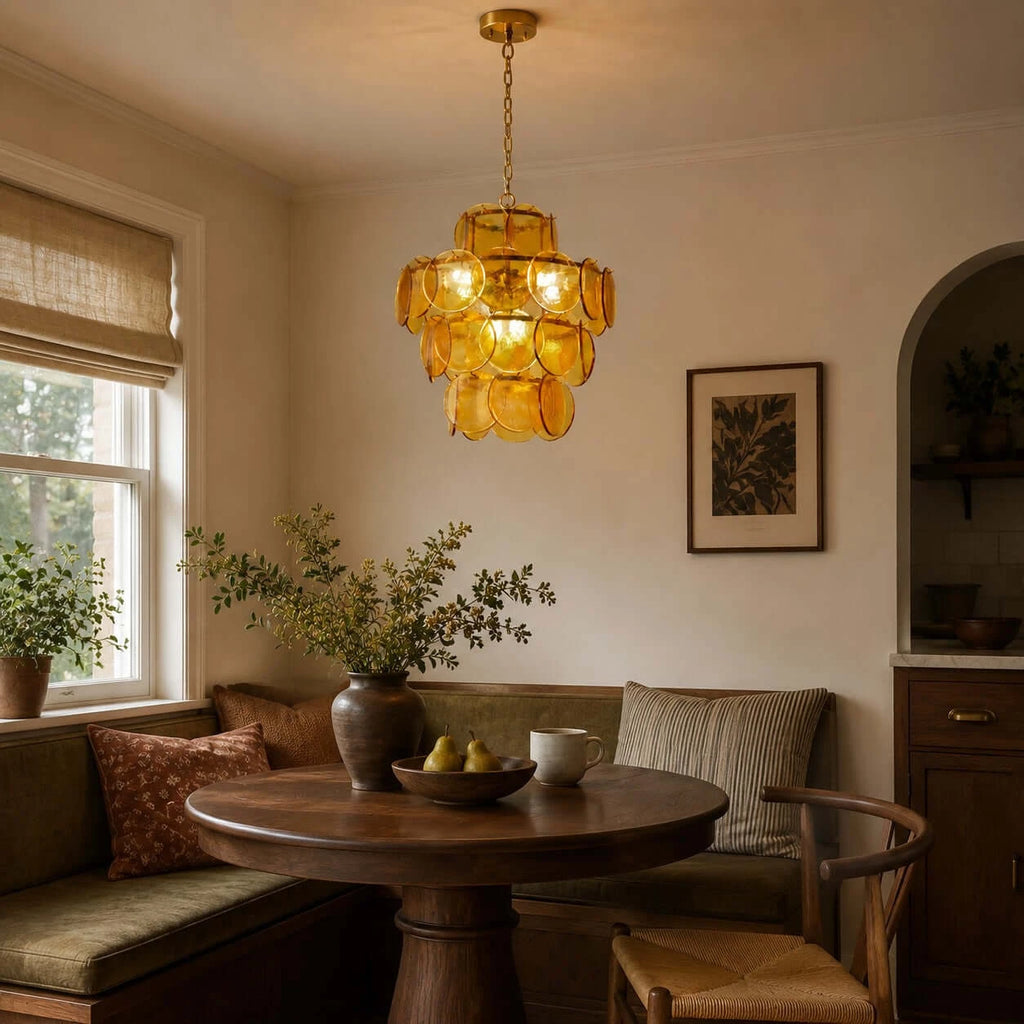 Modern Green Art Glass Chandelier Over Dining Room Table