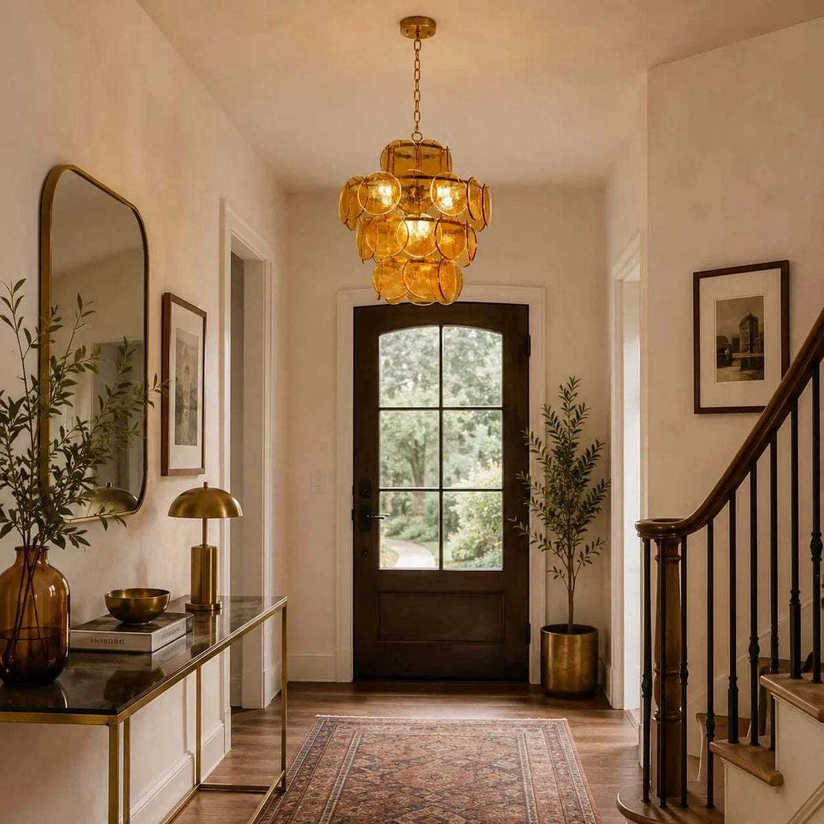 Modern Green Disc Art Glass Chandelier in Entryway Foyer Interior