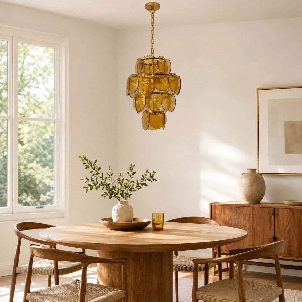 Modern Green Art Glass Chandelier Over Round Dining Table