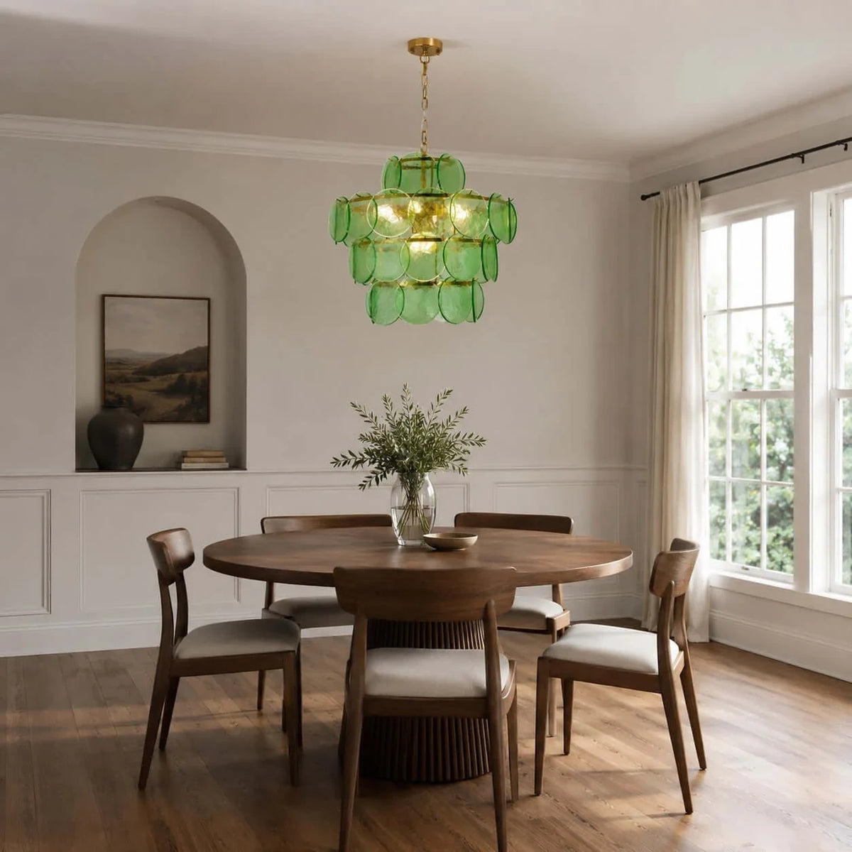 Modern Green Disc Art Glass Chandelier in Bright Dining Area