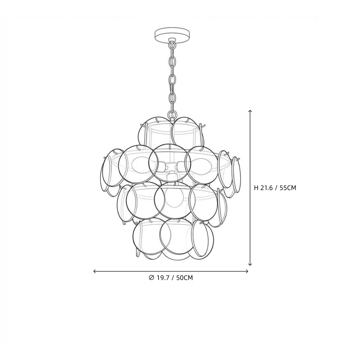 Modern Small Disc Art Glass Chandelier Line Art Dimension Diagram