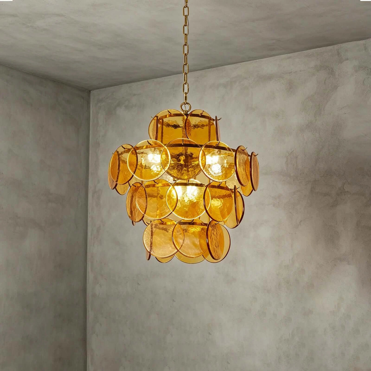 Illuminated Modern Amber Disc Art Glass Chandelier Studio Display