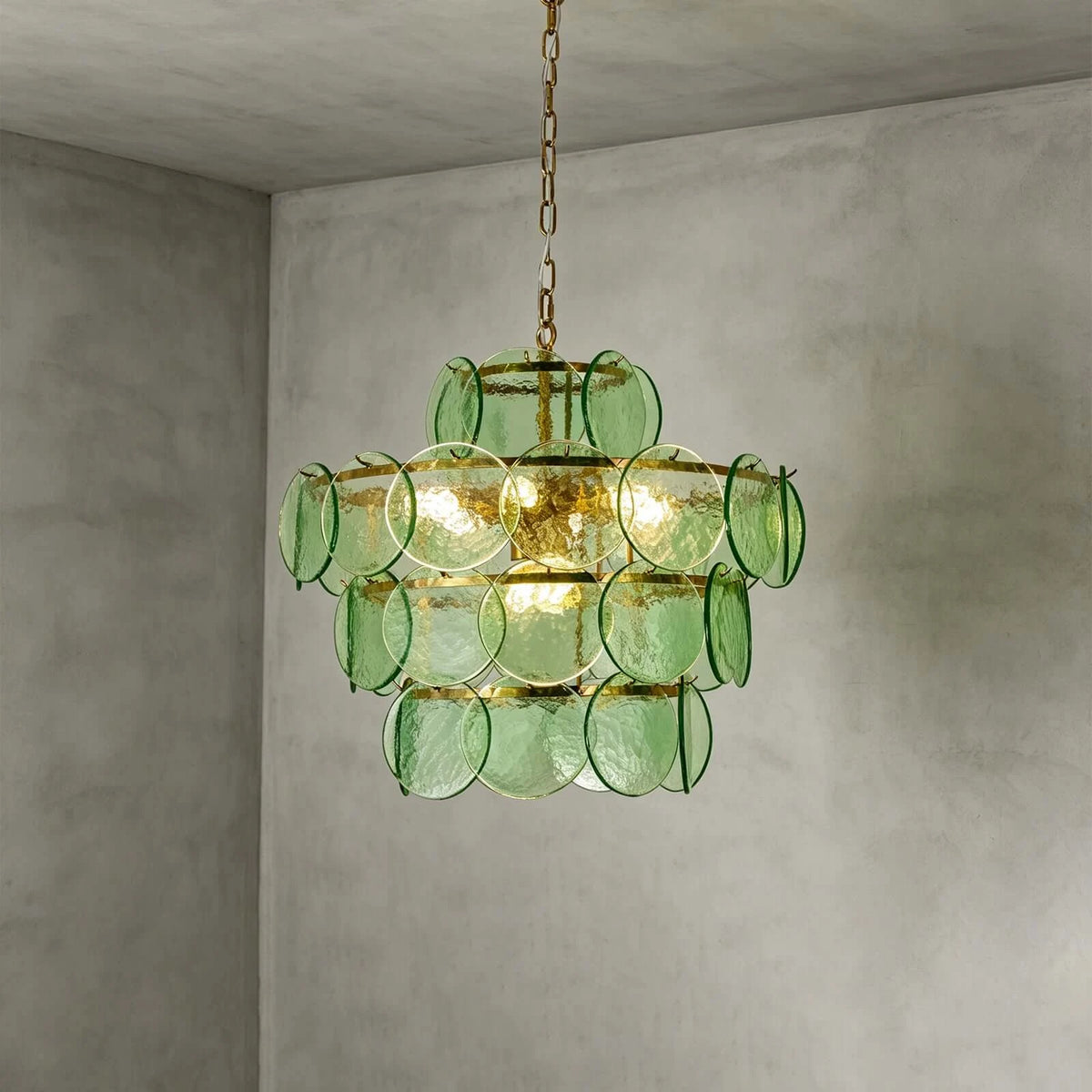 Illuminated Modern Green Disc Art Glass Chandelier Studio Shot
