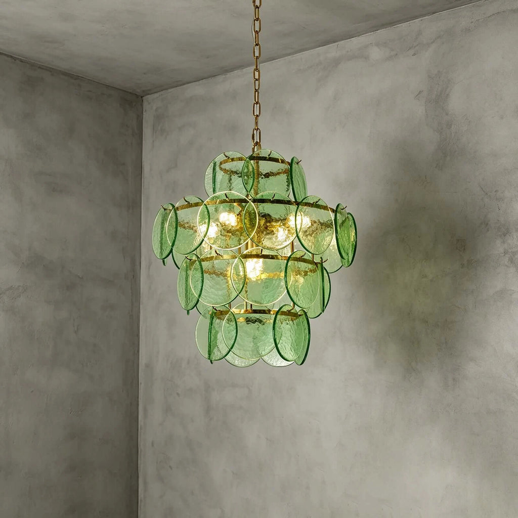 Illuminated Modern Green Disc Art Glass Chandelier Studio Display