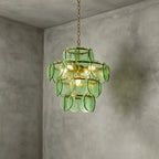 Illuminated Modern Green Disc Art Glass Chandelier Studio Display