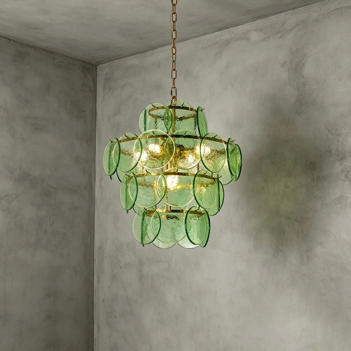 Illuminated Modern Green Disc Art Glass Chandelier Studio Display