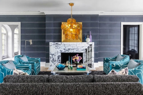 Modern Amber Disc Art Glass Chandelier in Luxury Living Room
