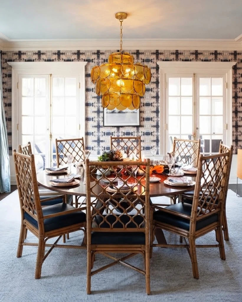 Modern Amber Disc Art Glass Chandelier Over Formal Dining Table