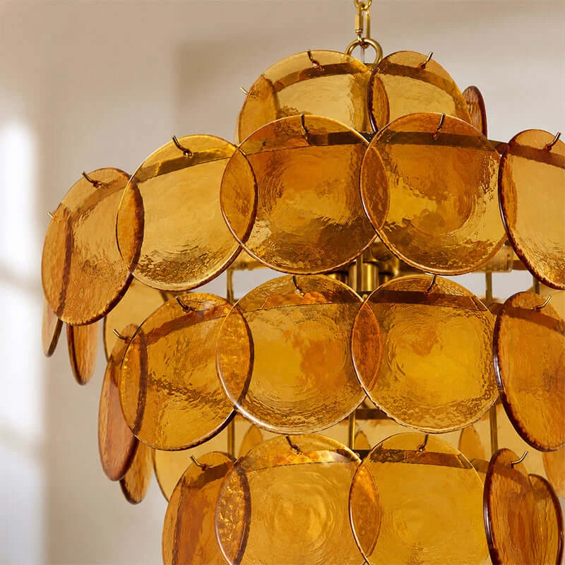 Close Up View of Amber Disc Art Glass Chandelier Texture