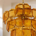 Close Up View of Amber Disc Art Glass Chandelier Texture