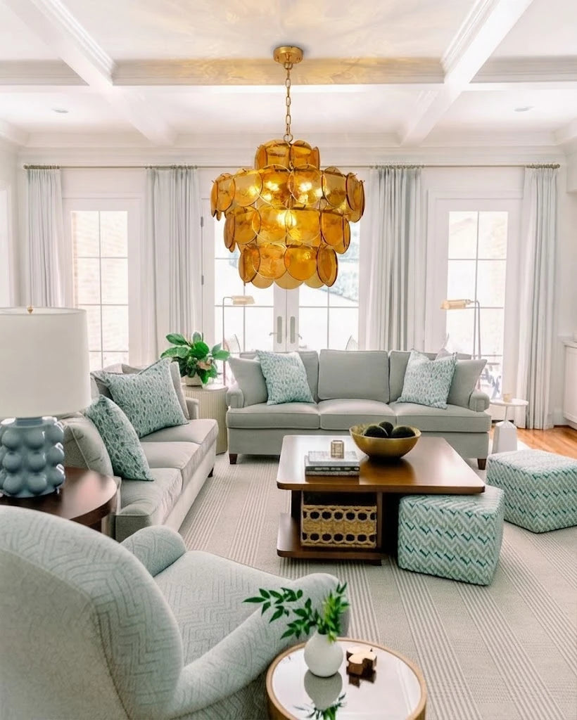 Modern Amber Art Glass Chandelier in Contemporary Living Space