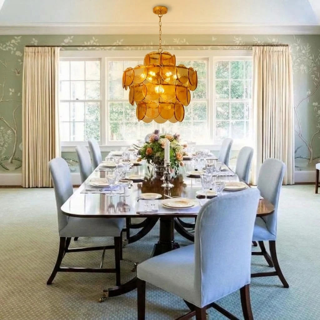 Modern Amber Disc Art Glass Chandelier in Dining Room Interior