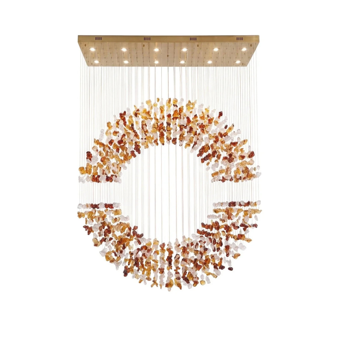 Modern Autumn Leaf Art Glass Ring Chandelier with Brass Canopy on Pure White Background