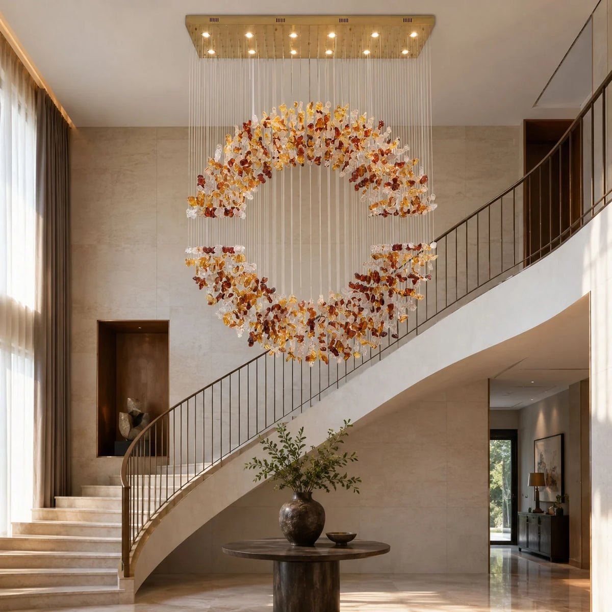 Modern Autumn Leaf Art Glass Chandelier in Entryway Staircase Area