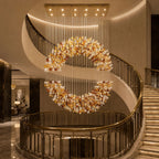 Modern Autumn Leaf Art Glass Chandelier Over Curved Staircase