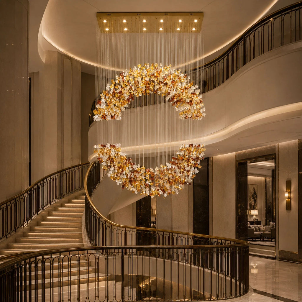 Modern Autumn Leaf Ring Chandelier in Duplex Stairwell