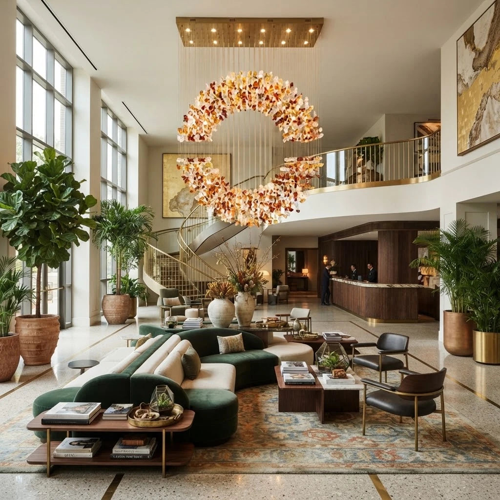 Modern Autumn Leaf Art Glass Chandelier in High Ceiling Living Room