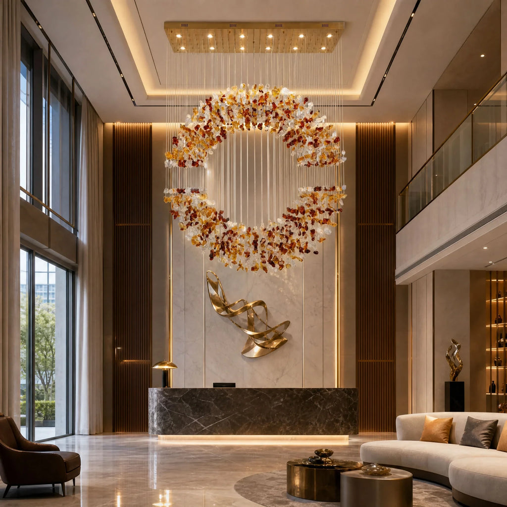 Modern Autumn Leaf Ring Chandelier in Grand Lobby Foyer