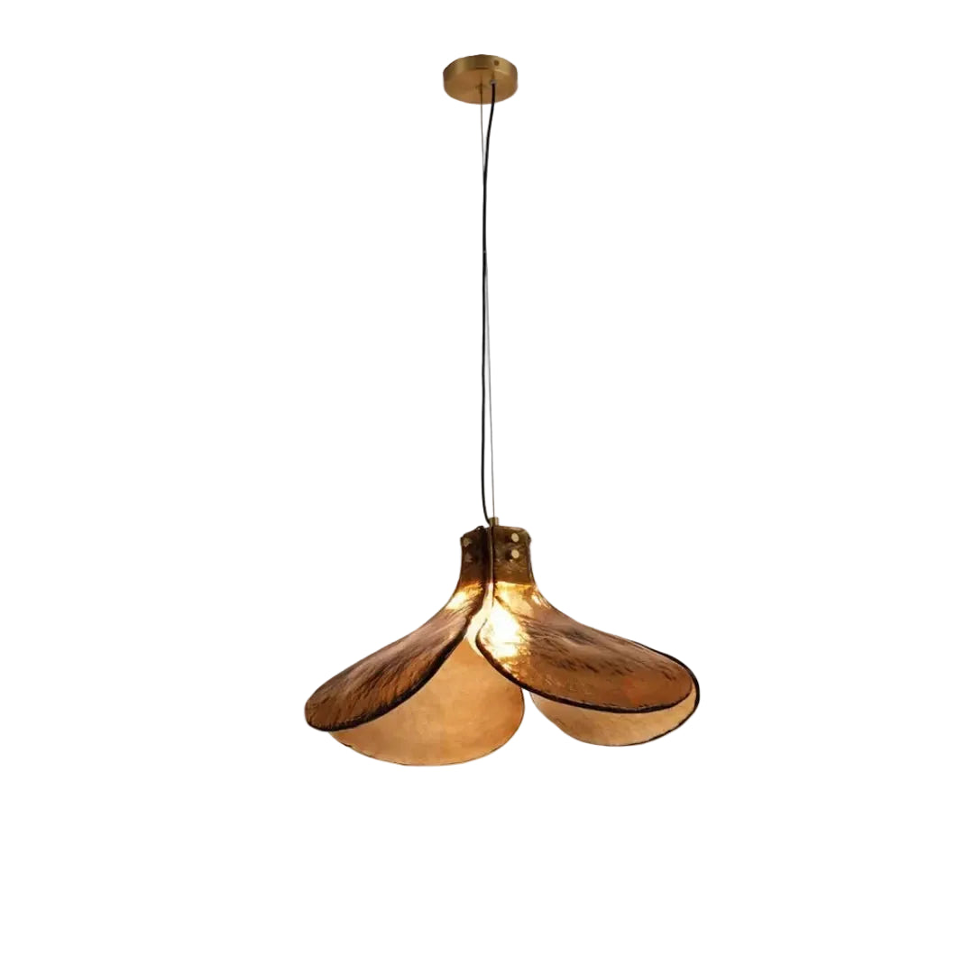 Modern Brass and Amber Four-Petal Art Glass Single Pendant Light with Gold Canopy on Pure White Background