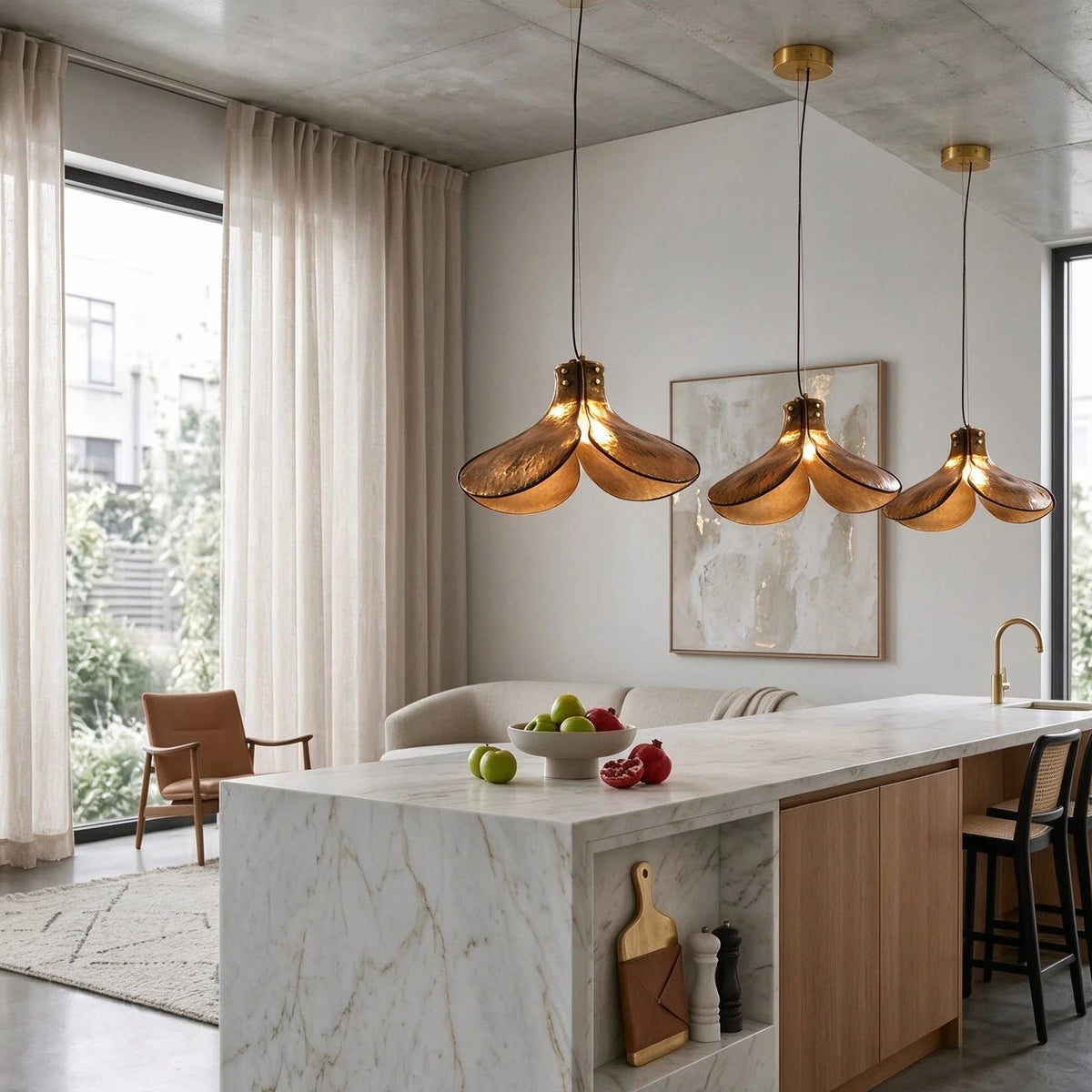 Modern Brass Amber Petal Pendant Lights Over Breakfast Bar