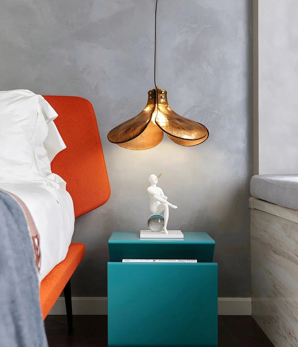 Modern Amber Petal Art Glass Pendant Light in Master Bedroom Setting