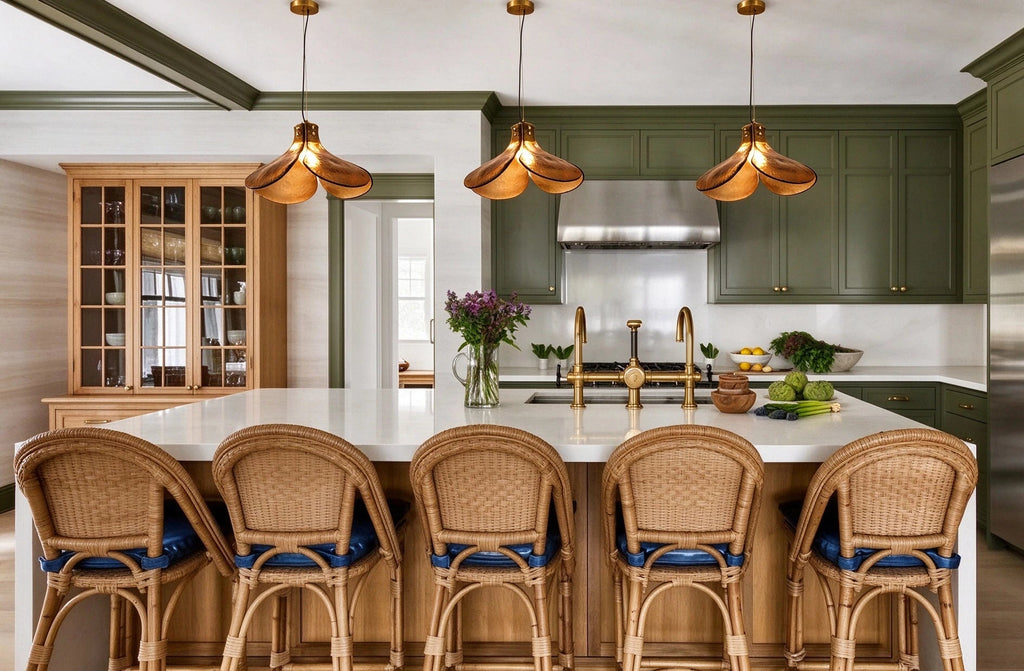 Modern Brass Amber Petal Pendant Lights in Stylish Kitchen Space