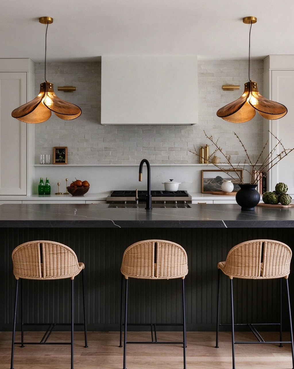 Modern Amber Petal Art Glass Pendant Lights Over Kitchen Island