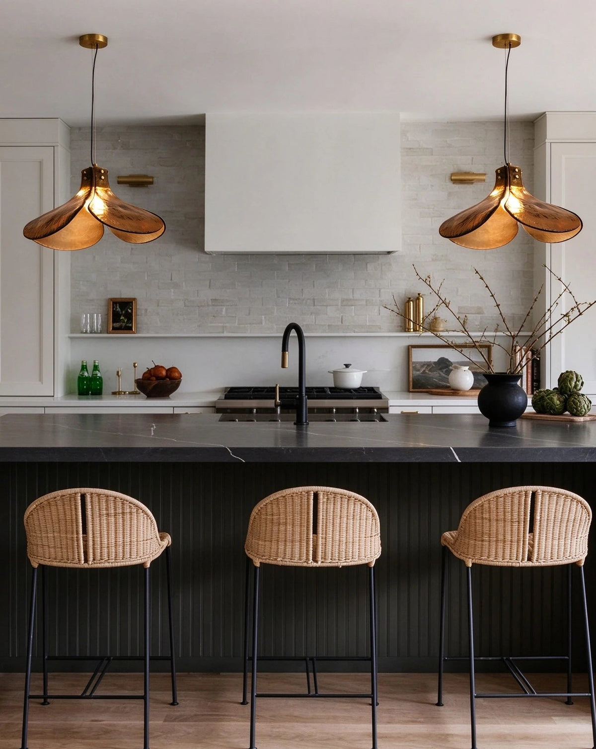 Modern Amber Petal Art Glass Pendant Lights Over Kitchen Island