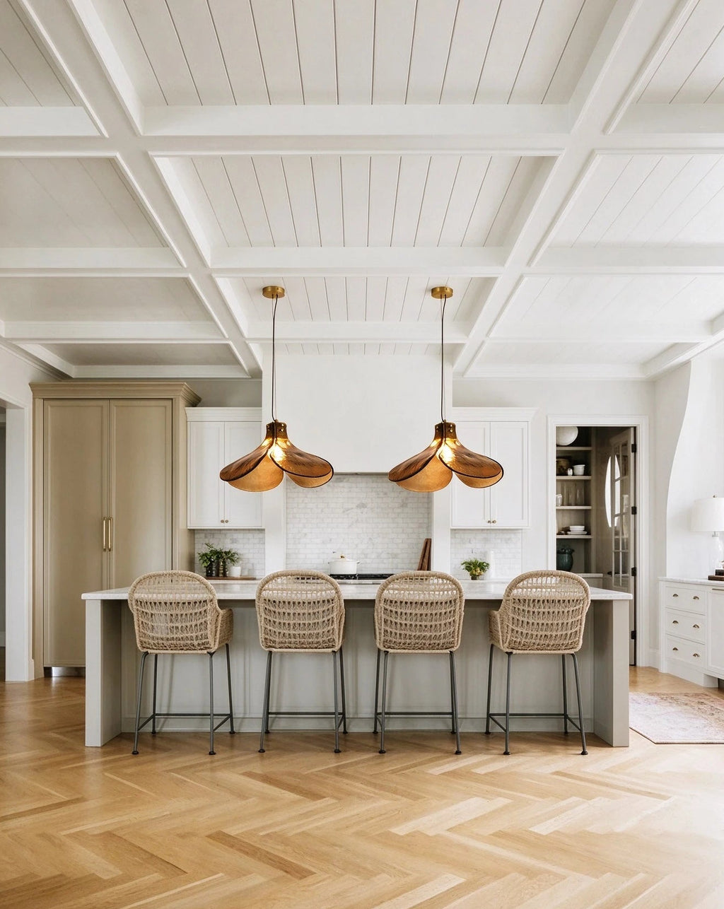 Modern Brass Amber Petal Pendant Lights in Open Plan Kitchen