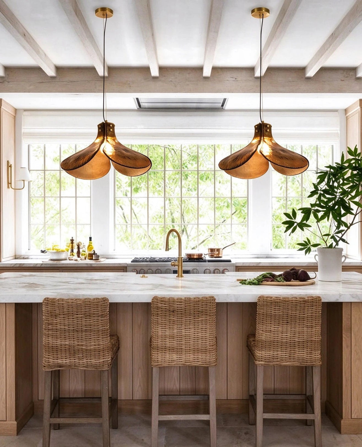 Modern Amber Petal Art Glass Pendant Lights in Rustic Kitchen Setting