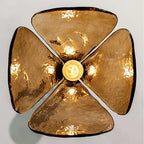 Upward View of Illuminated Modern Brass Amber Petal Art Glass Pendant Light Studio Shot