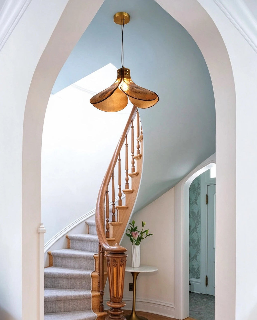 Modern Brass Amber Petal Pendant Light in Grand Staircase Foyer