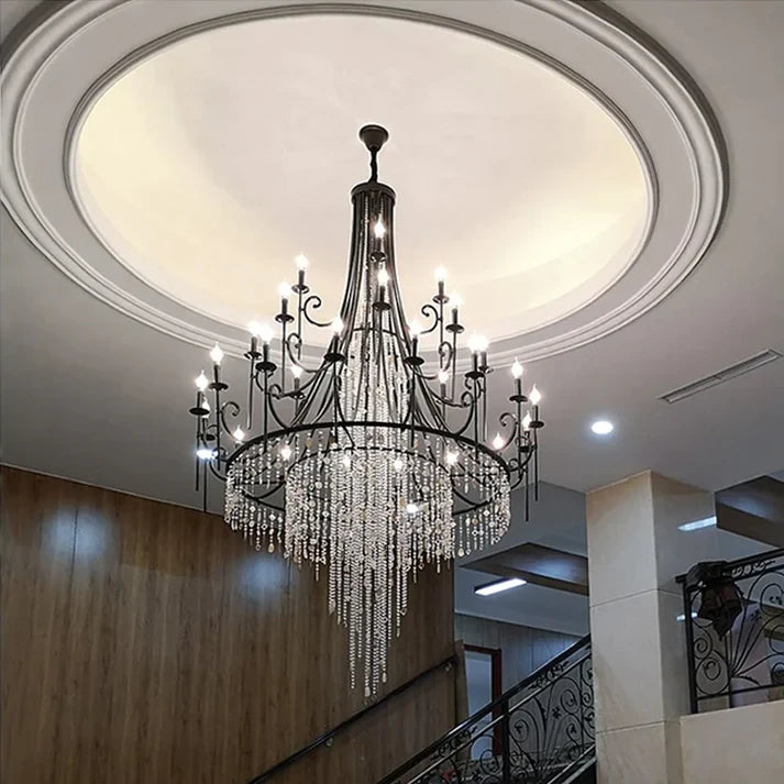 Luxury Crystal Chandelier Over High Ceiling Hall