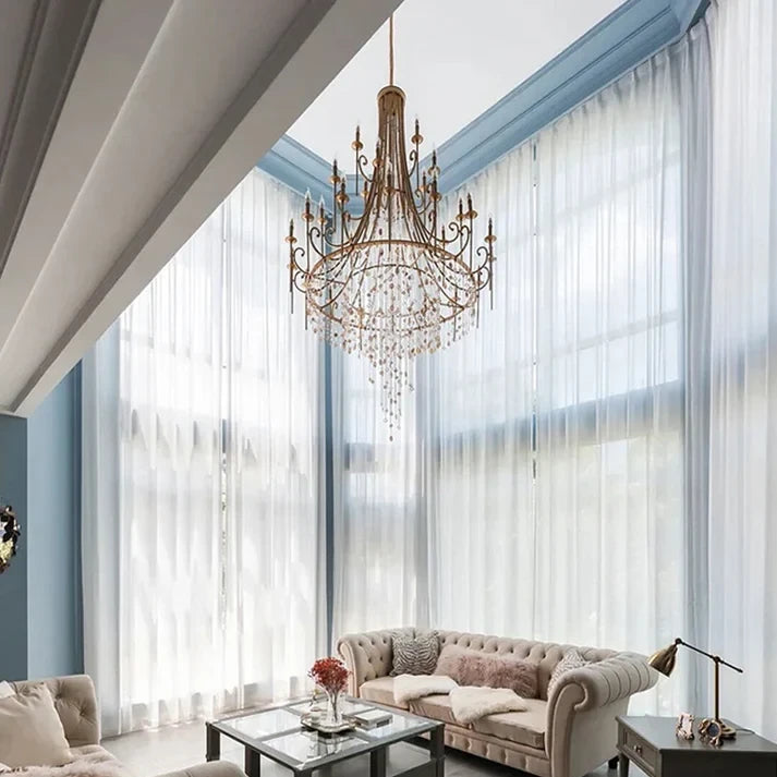 French Classic Crystal Chandelier Over Luxury Living Room
