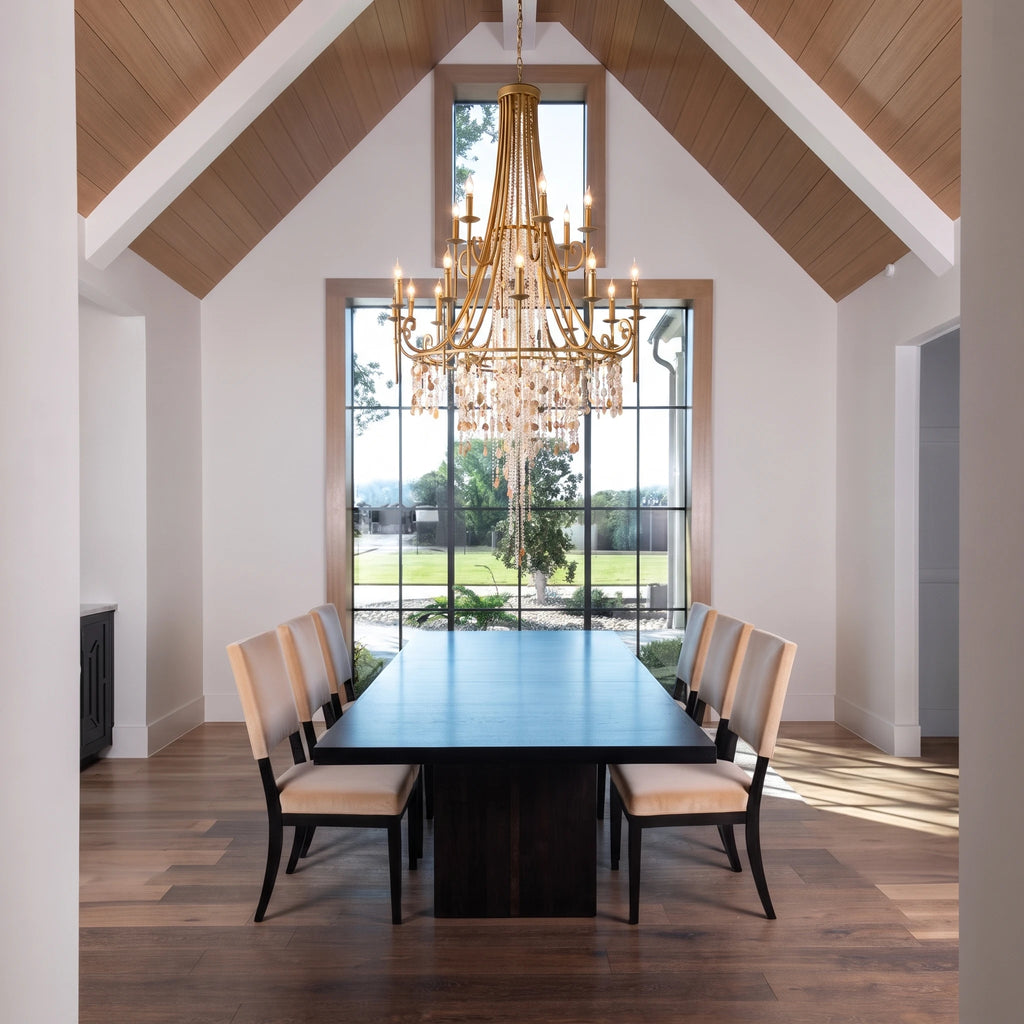 Luxury Crystal Chandelier Over Long Formal Dining Table