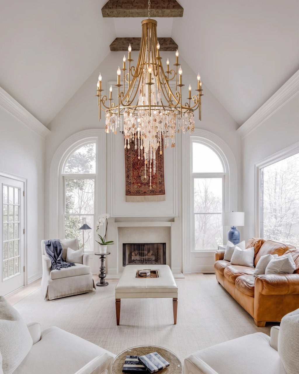 Crystal Chandelier in Grand Living Room Setting