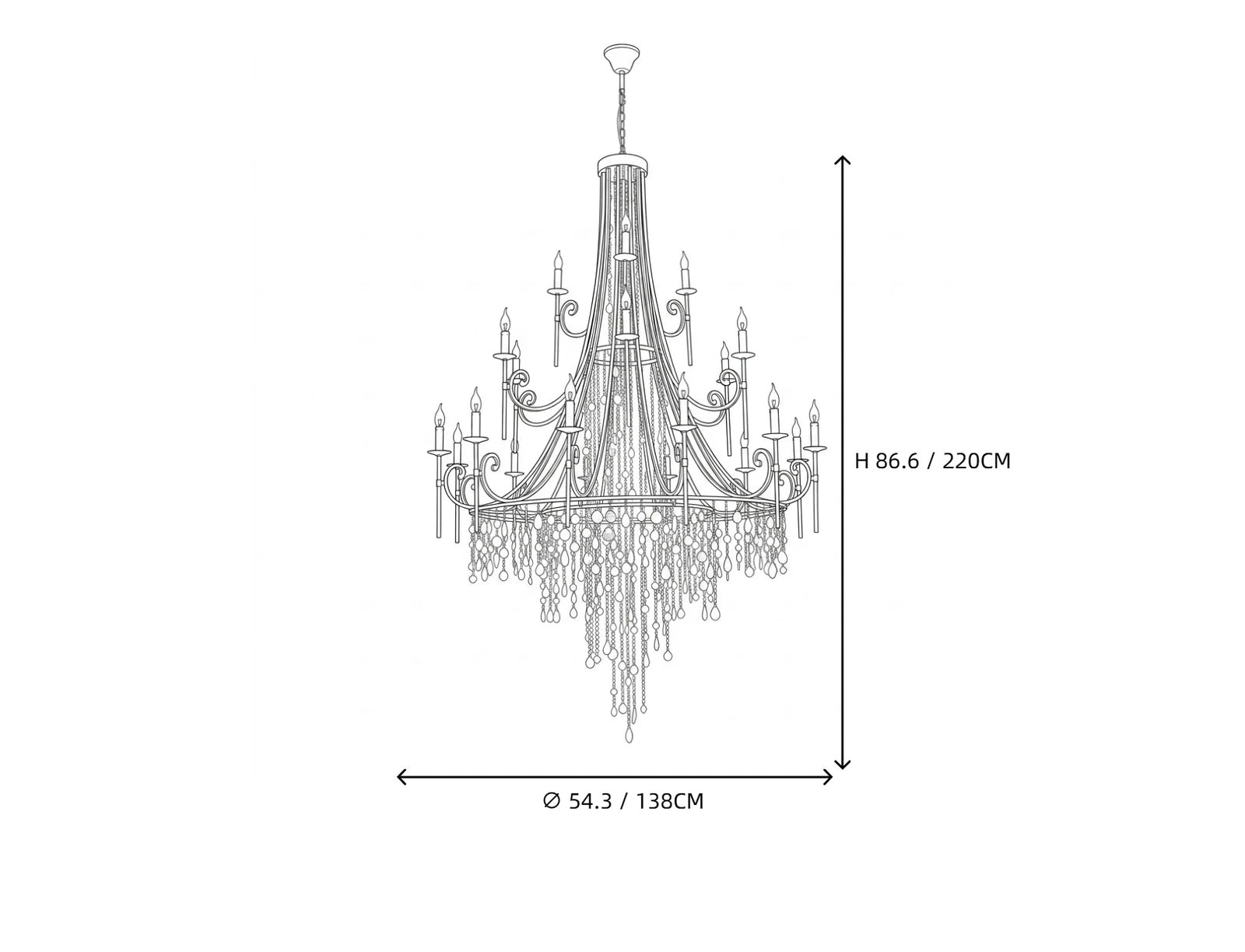 French Classic Crystal Chandelier Style D Line Art Dimension Diagram