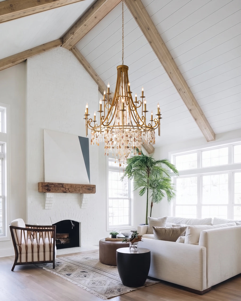 Luxury Crystal Chandelier in Vaulted Ceiling Living Room