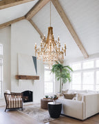 Luxury Crystal Chandelier in Vaulted Ceiling Living Room