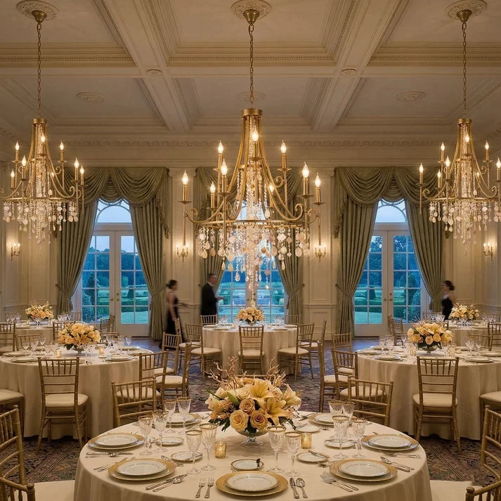 Grand Crystal Chandelier Illuminating Luxury Banquet Hall