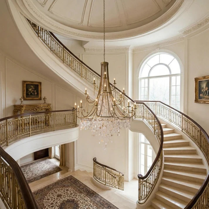 Large Crystal Chandelier Illuminating Grand Spiral Staircase
