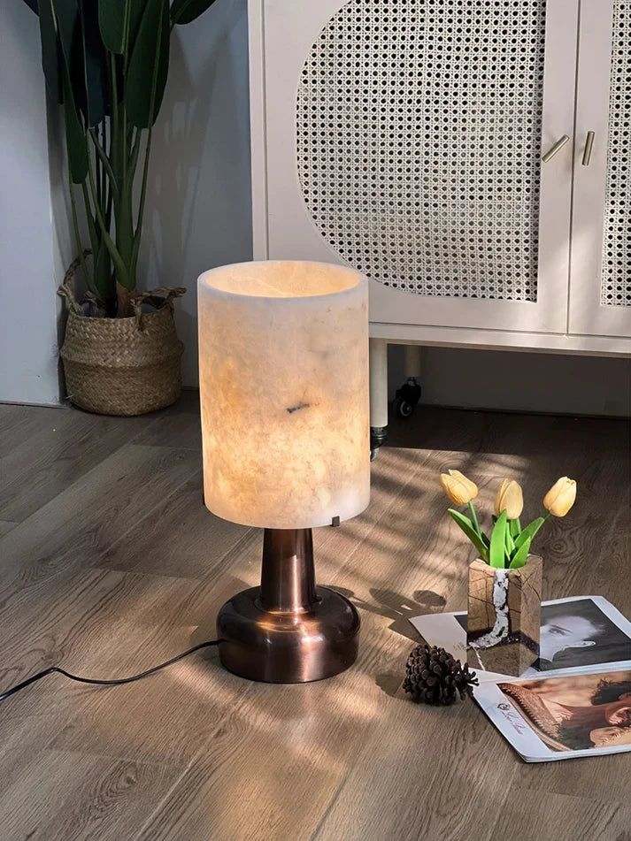 Alabaster Cylinder Accent Lamp on Floor with Tulips