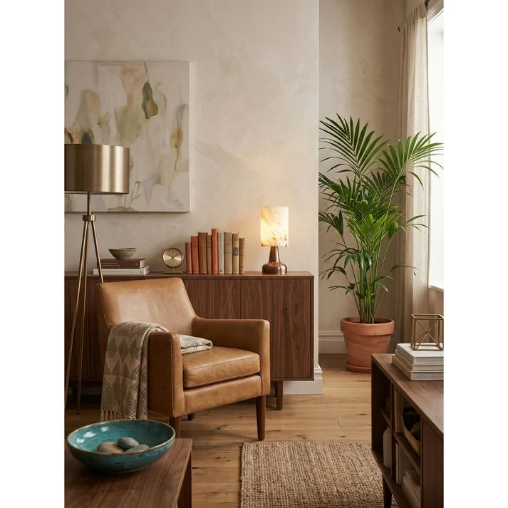 Modern Alabaster Accent Lamp on Living Room Credenza