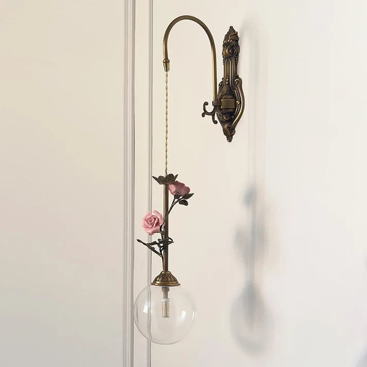 French Floral Wall Light with Clear Glass Globe Shade
