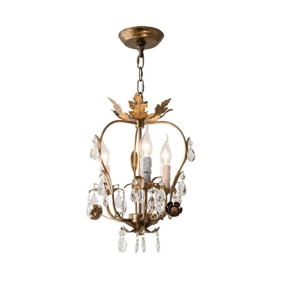 Vintage Brass French Crystal Chandelier with Leaf Accent on White Background