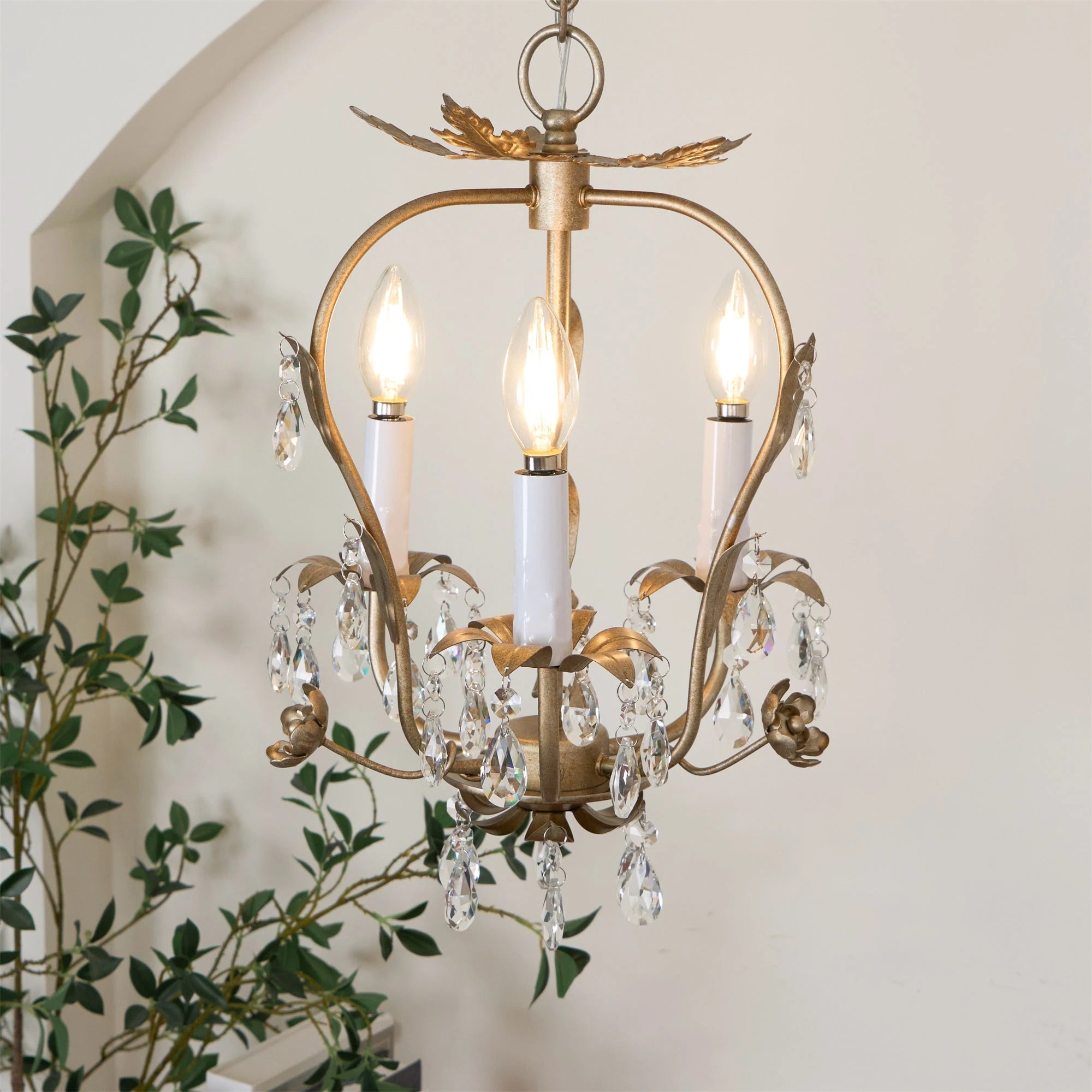 Antique Gold Leaf Crystal Chandelier