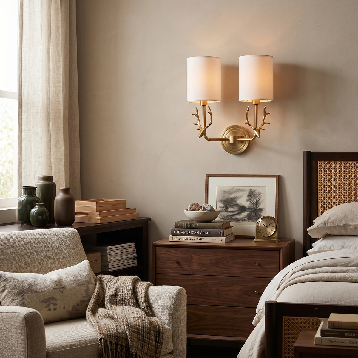 Vintage Antler Fabric Wall Sconce Beside Bedroom Bed