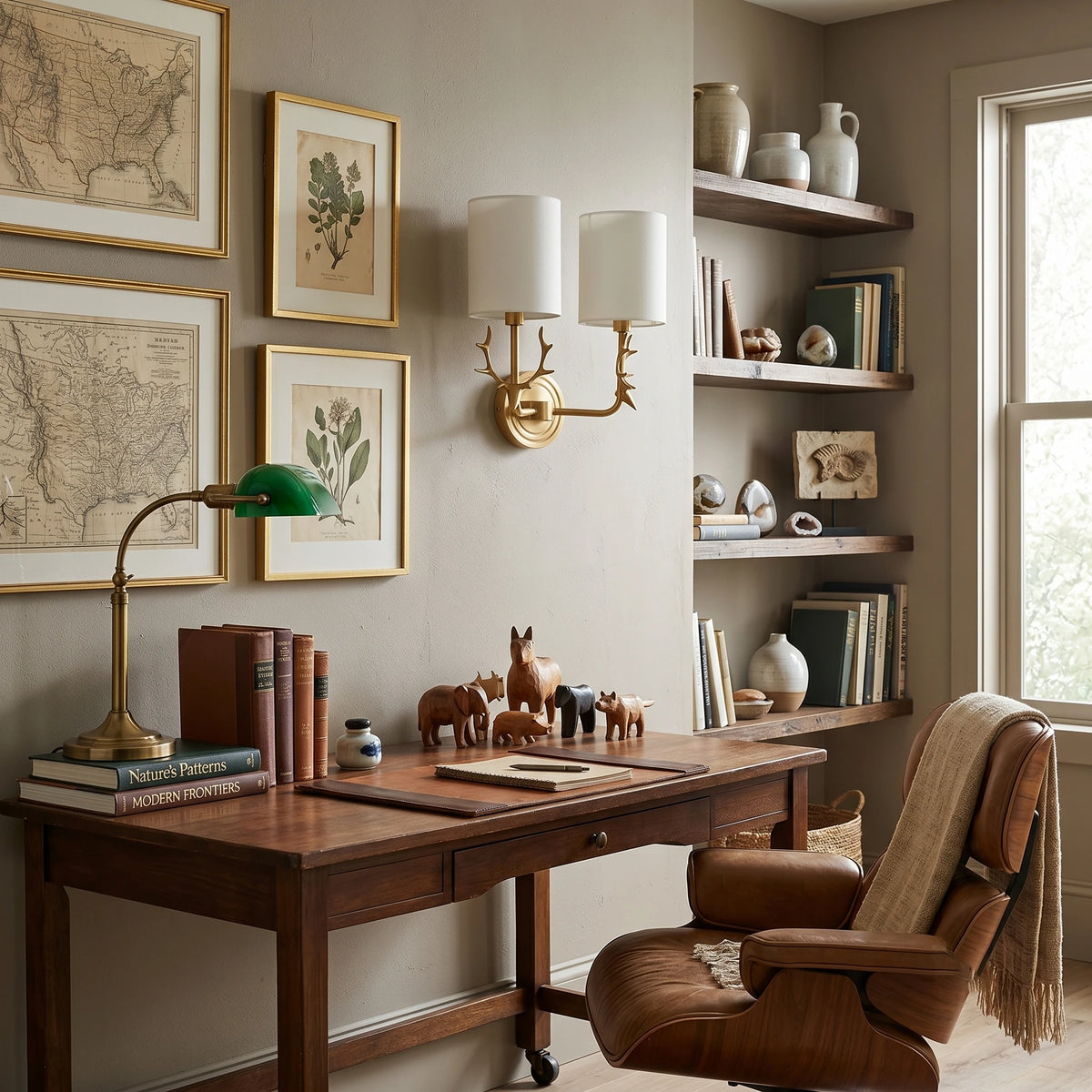 Double Antler Fabric Sconce Over Home Office Desk